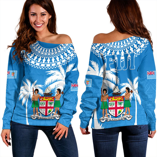 Fiji Off Shoulder Sweatshirt Coconut Tree Flag Coat Of Arms Style