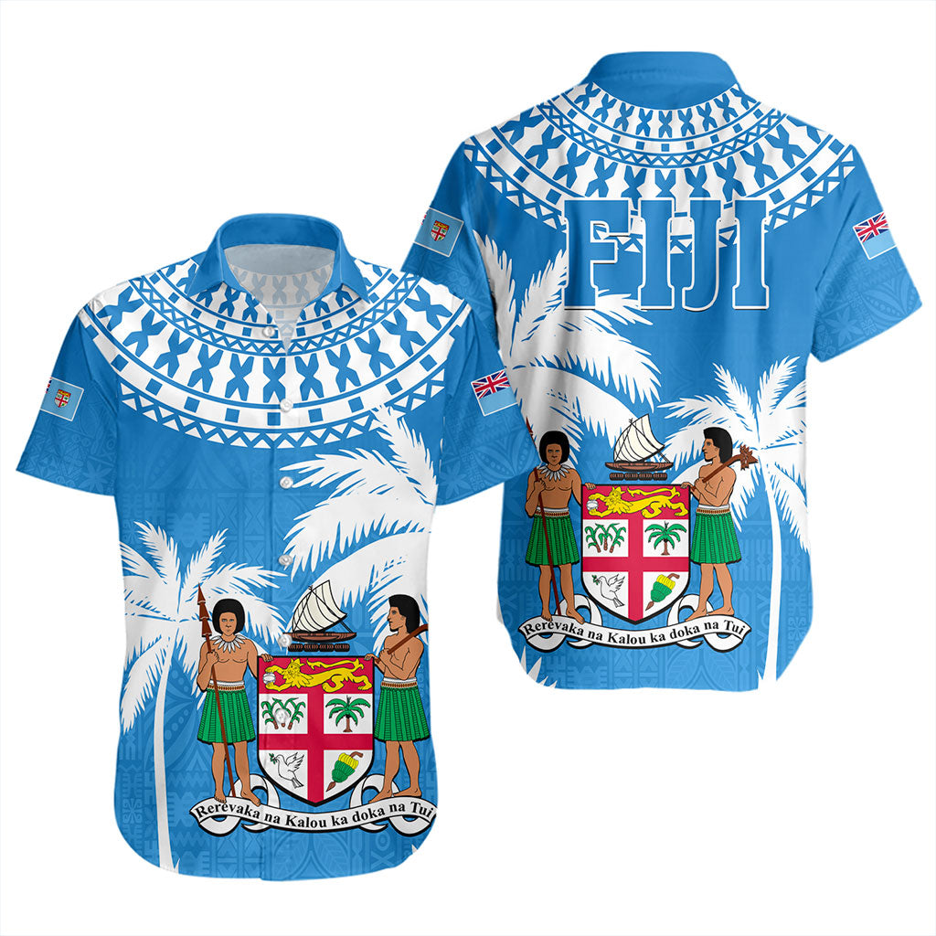 Fiji Short Sleeve Shirt Coconut Tree Flag Coat Of Arms Style
