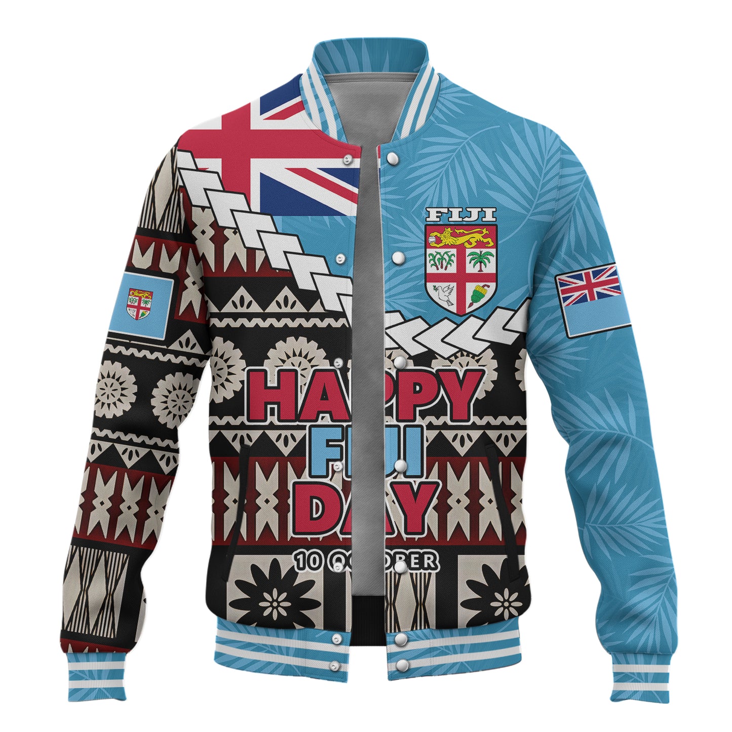 Fiji Baseball Jacket Happy Fiji Day Fijian Masi x Tropical Palm Leaf Tribal Curve Style