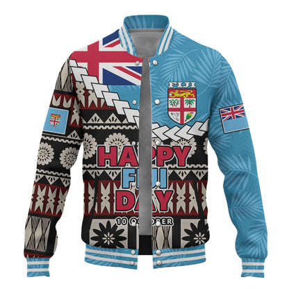 Fiji Baseball Jacket Happy Fiji Day Fijian Masi x Tropical Palm Leaf Tribal Curve Style