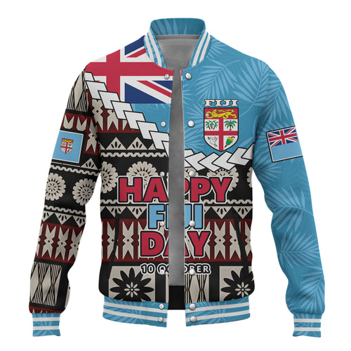 Fiji Baseball Jacket Happy Fiji Day Fijian Masi x Tropical Palm Leaf Tribal Curve Style