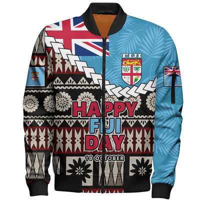 Fiji Bomber Jacket Happy Fiji Day Fijian Masi x Tropical Palm Leaf Tribal Curve Style