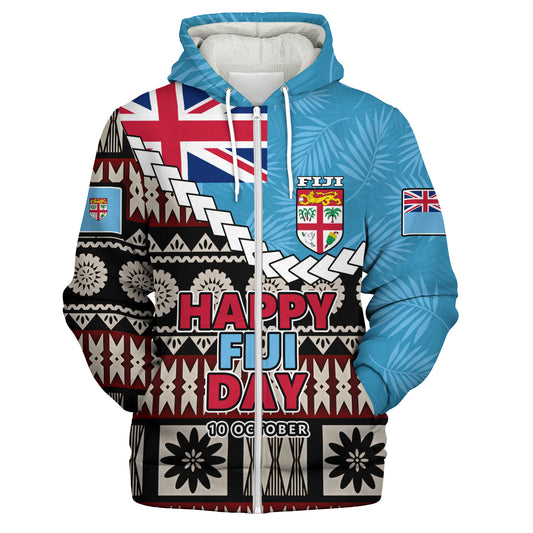 Fiji Sherpa Hoodie Happy Fiji Day Fijian Masi x Tropical Palm Leaf Tribal Curve Style