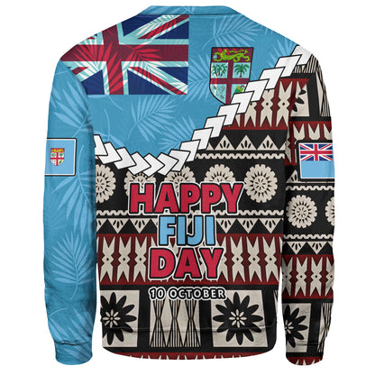 Fiji Sweatshirt Happy Fiji Day Fijian Masi x Tropical Palm Leaf Tribal Curve Style