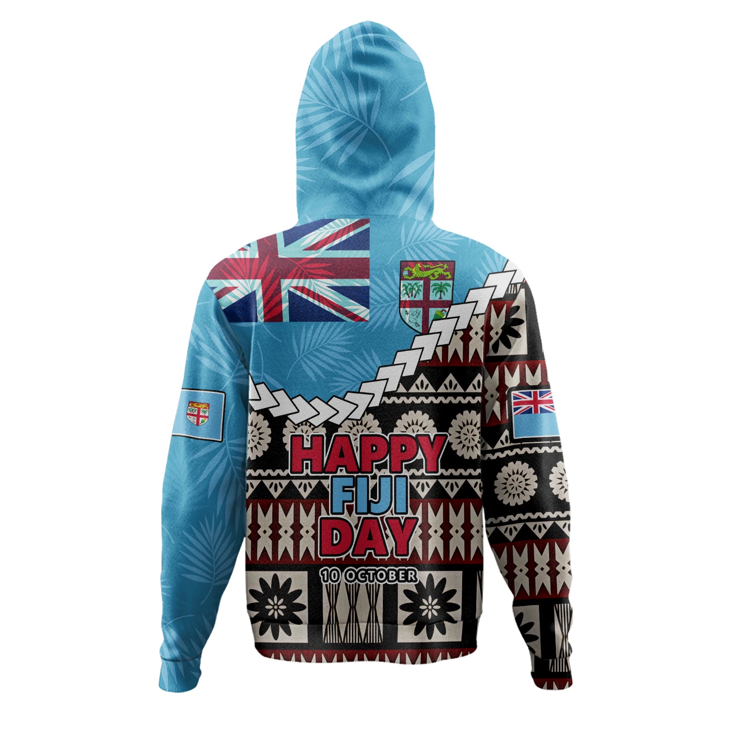 Fiji Hoodie Happy Fiji Day Fijian Masi x Tropical Palm Leaf Tribal Curve Style