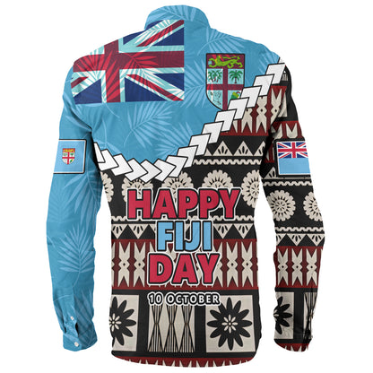 Fiji Long Sleeve Shirt Happy Fiji Day Fijian Masi x Tropical Palm Leaf Tribal Curve Style