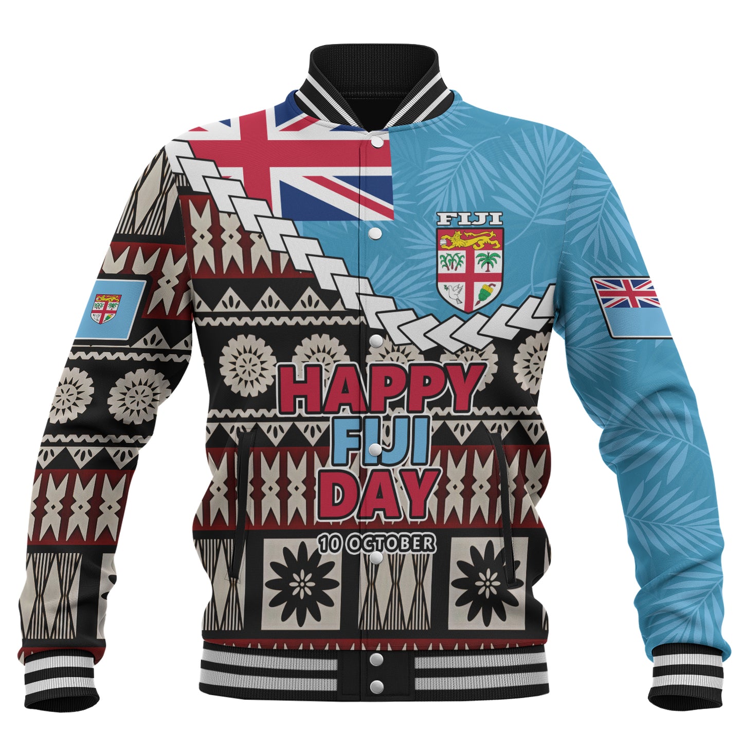 Fiji Baseball Jacket Happy Fiji Day Fijian Masi x Tropical Palm Leaf Tribal Curve Style