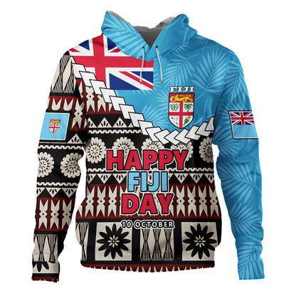 Fiji Hoodie Happy Fiji Day Fijian Masi x Tropical Palm Leaf Tribal Curve Style