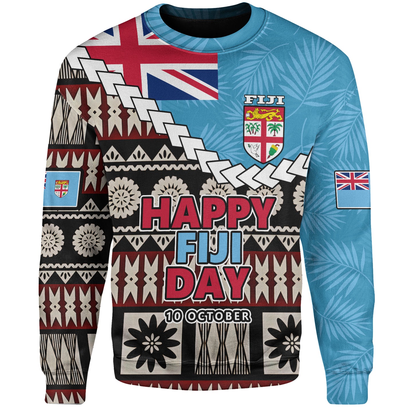 Fiji Sweatshirt Happy Fiji Day Fijian Masi x Tropical Palm Leaf Tribal Curve Style
