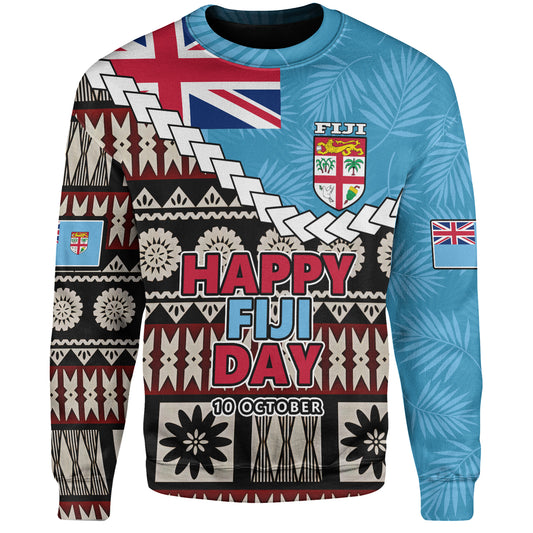 Fiji Sweatshirt Happy Fiji Day Fijian Masi x Tropical Palm Leaf Tribal Curve Style