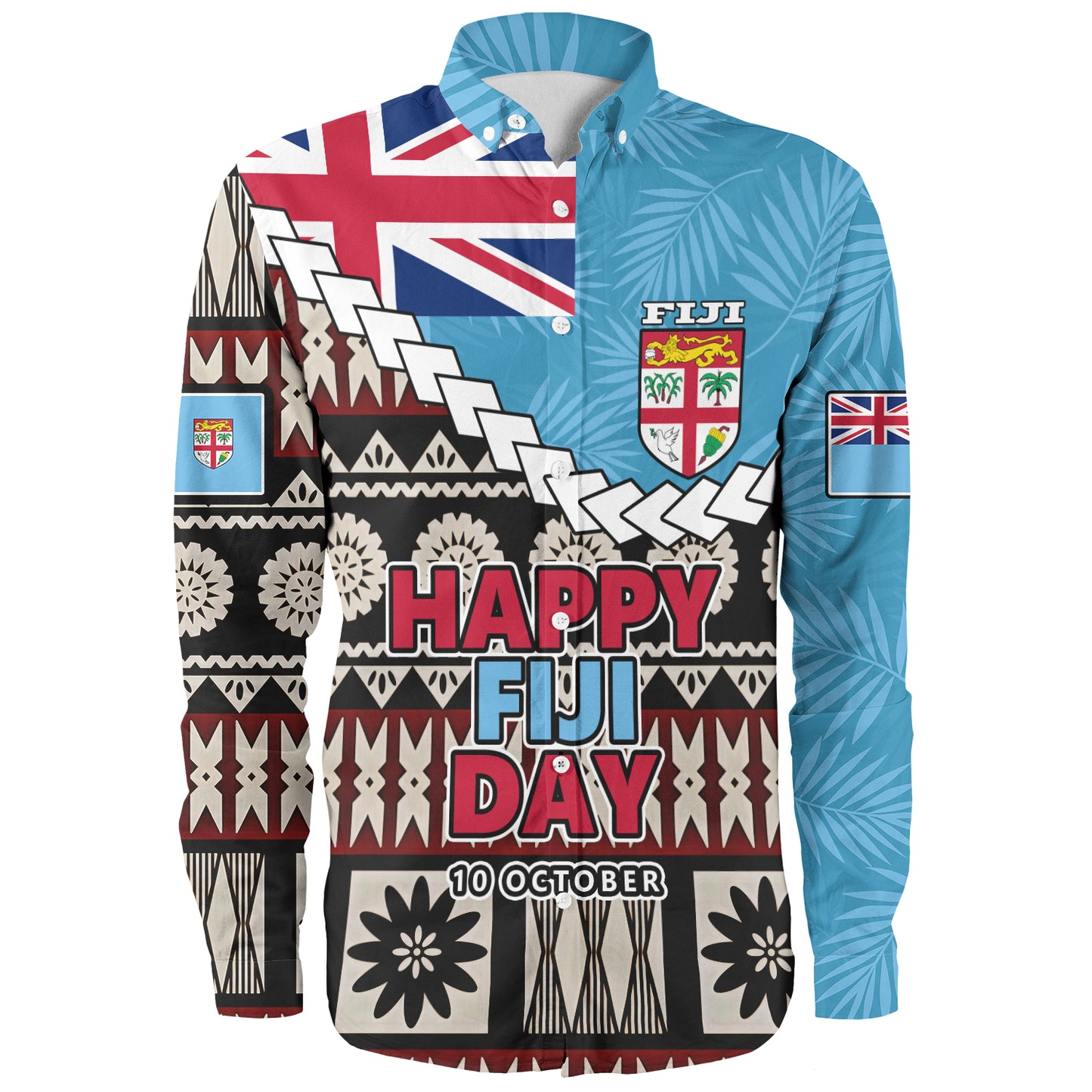 Fiji Long Sleeve Shirt Happy Fiji Day Fijian Masi x Tropical Palm Leaf Tribal Curve Style