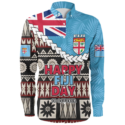 Fiji Long Sleeve Shirt Happy Fiji Day Fijian Masi x Tropical Palm Leaf Tribal Curve Style