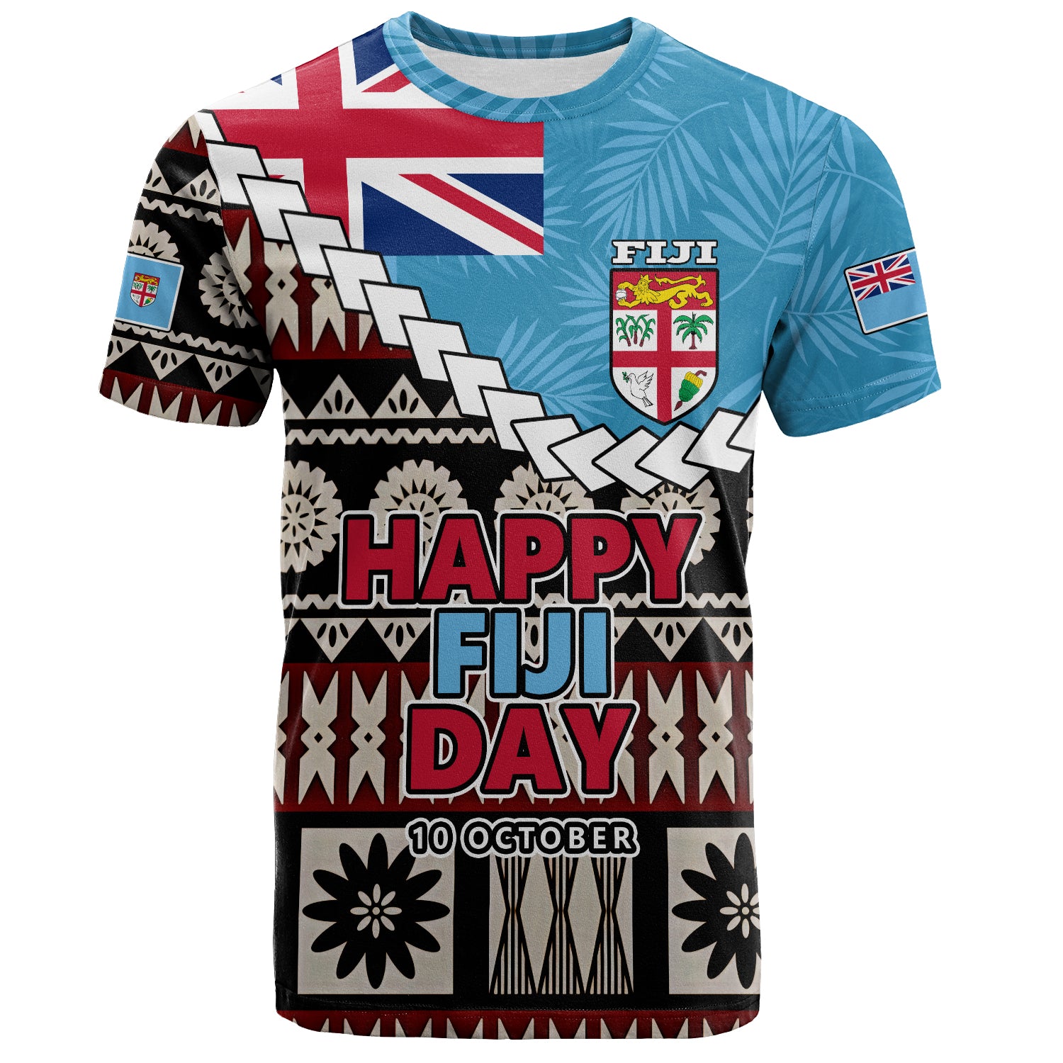 Fiji T-Shirt Happy Fiji Day Fijian Masi x Tropical Palm Leaf Tribal Curve Style