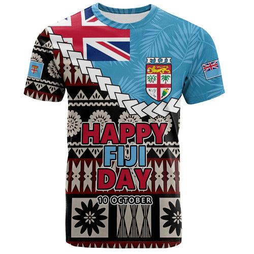 Fiji T-Shirt Happy Fiji Day Fijian Masi x Tropical Palm Leaf Tribal Curve Style