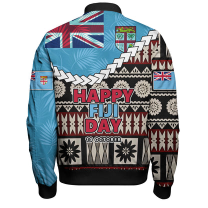 Fiji Bomber Jacket Happy Fiji Day Fijian Masi x Tropical Palm Leaf Tribal Curve Style