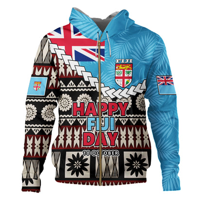 Fiji Hoodie Happy Fiji Day Fijian Masi x Tropical Palm Leaf Tribal Curve Style