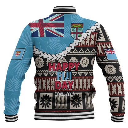 Fiji Baseball Jacket Happy Fiji Day Fijian Masi x Tropical Palm Leaf Tribal Curve Style