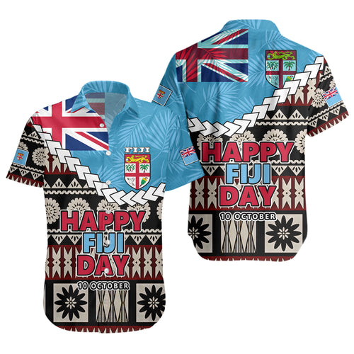 Fiji Short Sleeve Shirt Happy Fiji Day Fijian Masi x Tropical Palm Leaf Tribal Curve Style