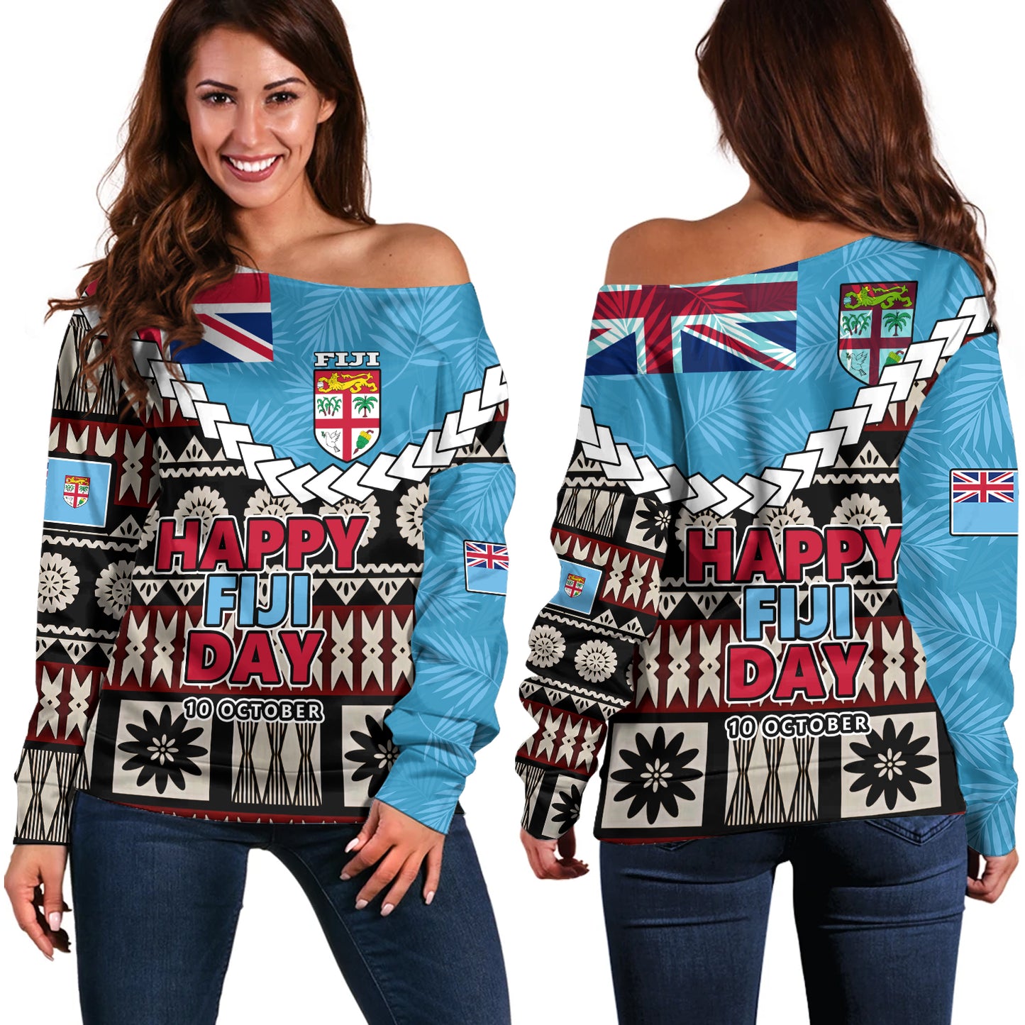 Fiji Off Shoulder Sweatshirt Happy Fiji Day Fijian Masi x Tropical Palm Leaf Tribal Curve Style