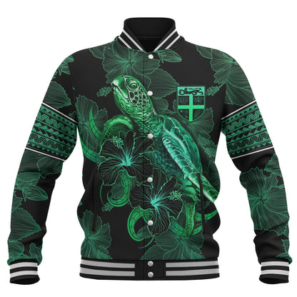 Fiji Baseball Jacket  Sea Turtle With Blooming Hibiscus Flowers Tribal Green