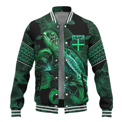Fiji Baseball Jacket  Sea Turtle With Blooming Hibiscus Flowers Tribal Green