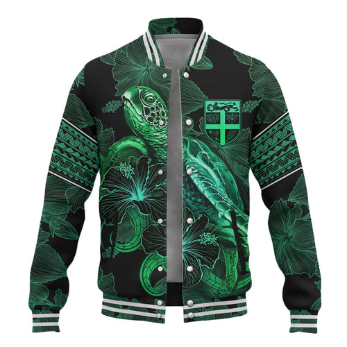 Fiji Baseball Jacket  Sea Turtle With Blooming Hibiscus Flowers Tribal Green