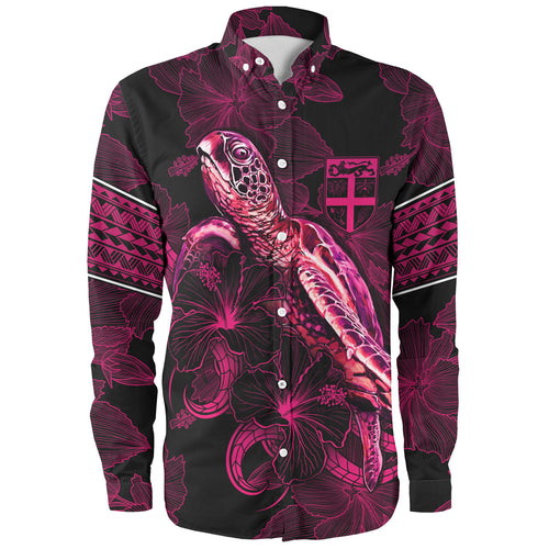 Fiji Long Sleeve Shirt Sea Turtle With Blooming Hibiscus Flowers Tribal Maroon