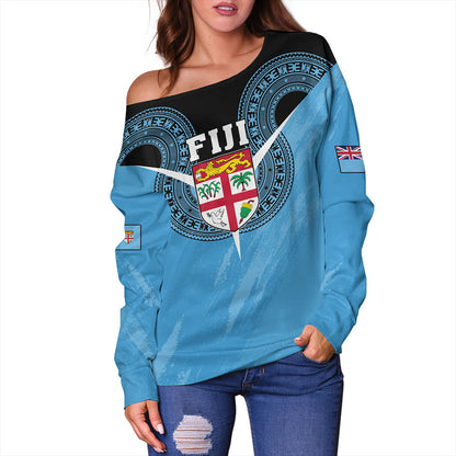 Fiji Off Shoulder Sweatshirt Melanesia Masi Pattern Grunge Style