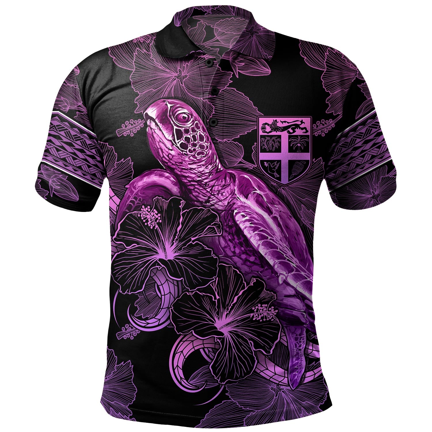 Fiji Polo Shirt Sea Turtle With Blooming Hibiscus Flowers Tribal Purple