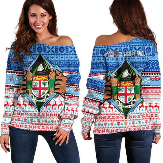 Fiji Off Shoulder Sweatshirt Merry Christmas Born Fijian Masi Knitted Ugly Christmas Pattern