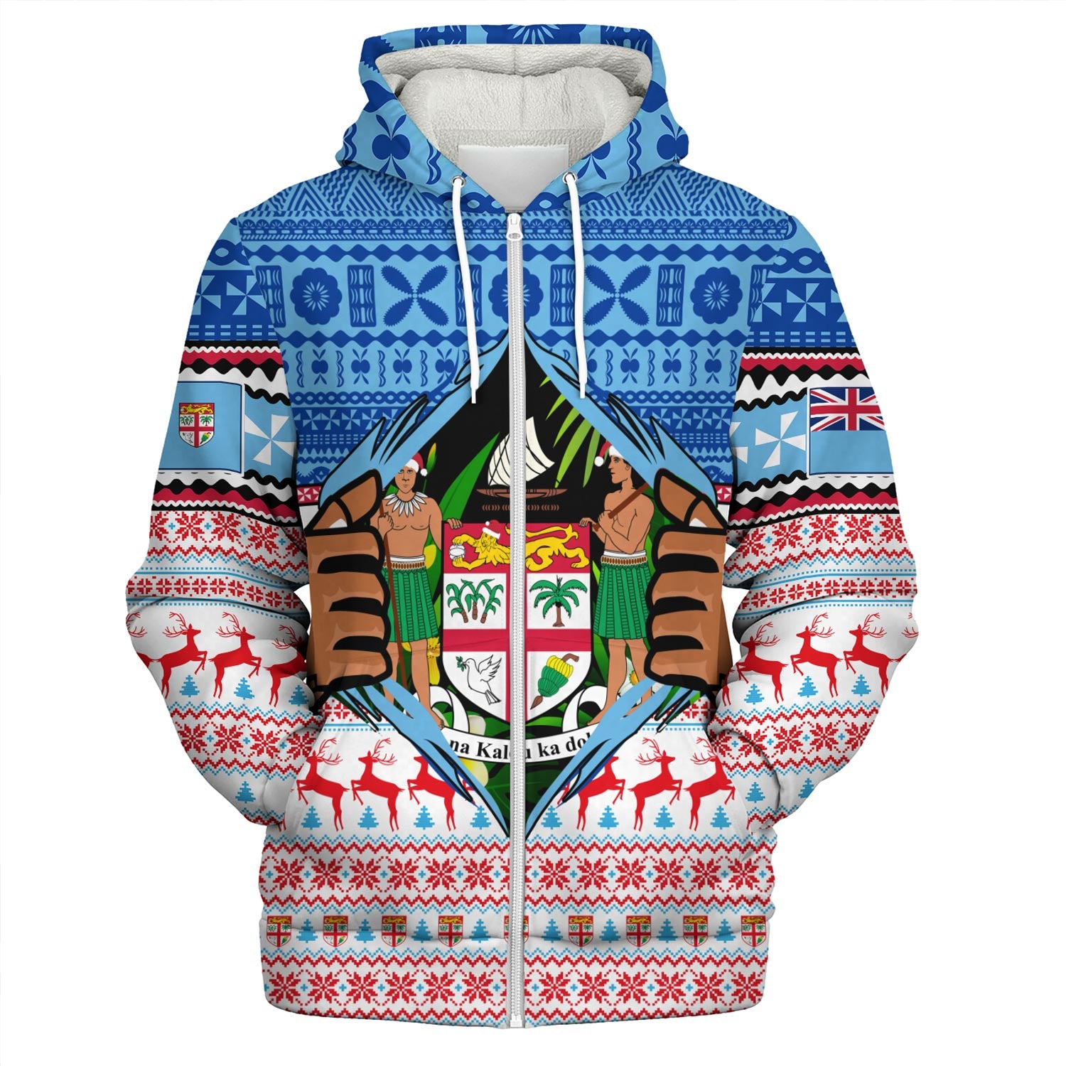Fiji Sherpa Hoodie Merry Christmas Born Fijian Masi Knitted Ugly Christmas Pattern