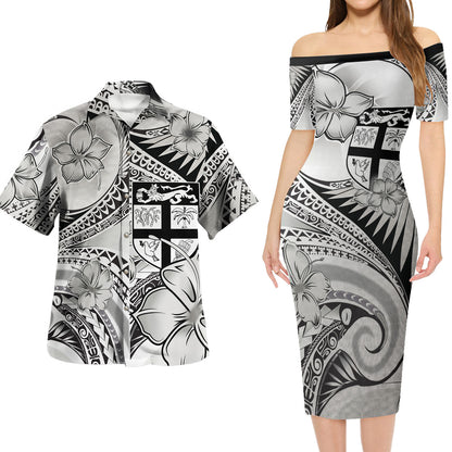 Fiji Combo Short Sleeve Dress And Shirt Polynesian Tribal Waves Patterns Hibiscus Flowers