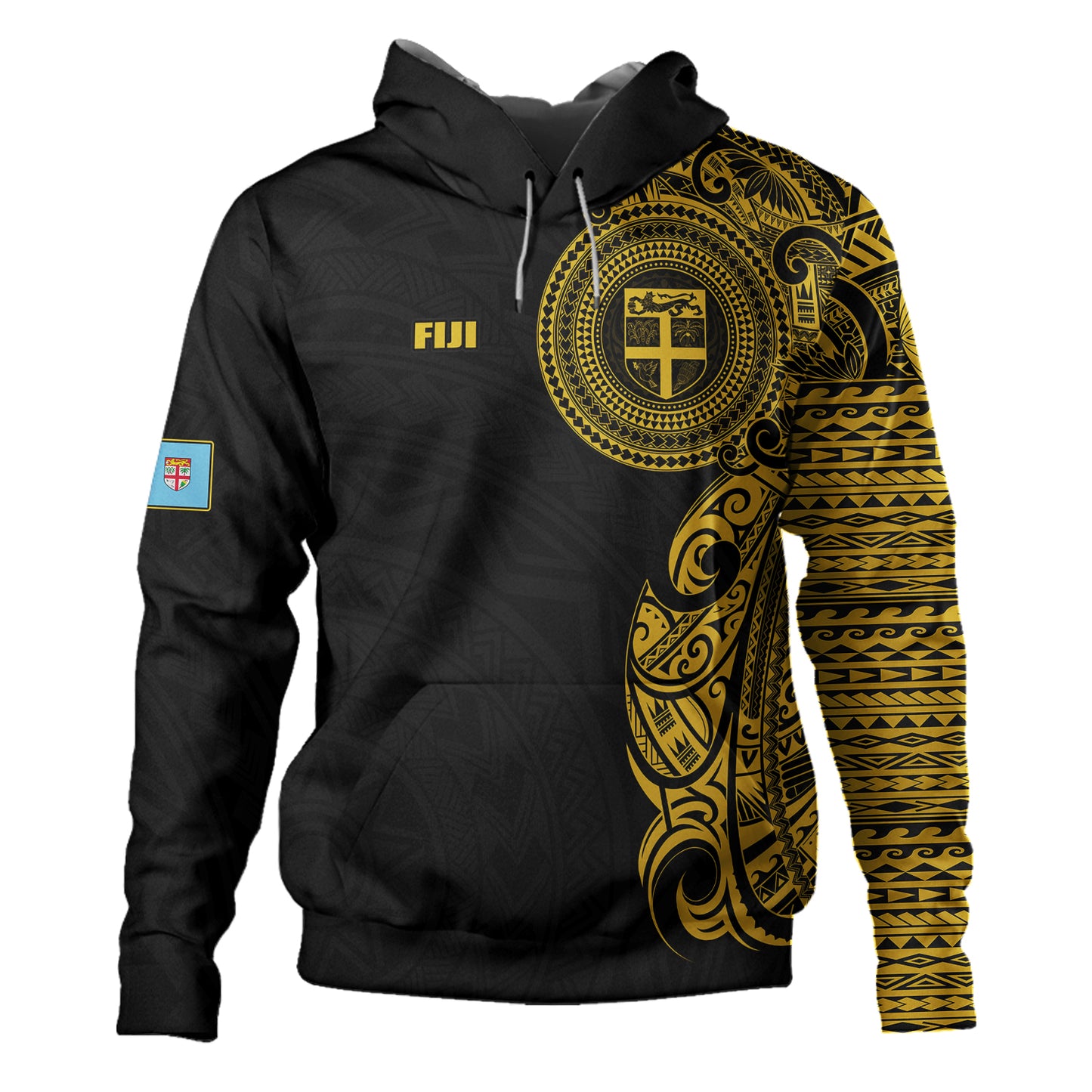 Fiji Hoodie Custom Polynesian Half Sleeve Gold Tattoo With Seal Black