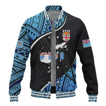 Fiji Baseball Jacket Fiji Map With Coat Of Arms Polynesian Tatau Half Black