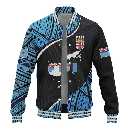 Fiji Baseball Jacket Fiji Map With Coat Of Arms Polynesian Tatau Half Black