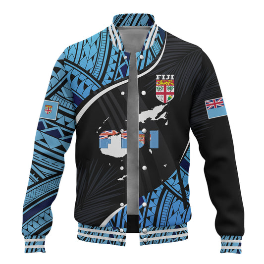 Fiji Baseball Jacket Fiji Map With Coat Of Arms Polynesian Tatau Half Black