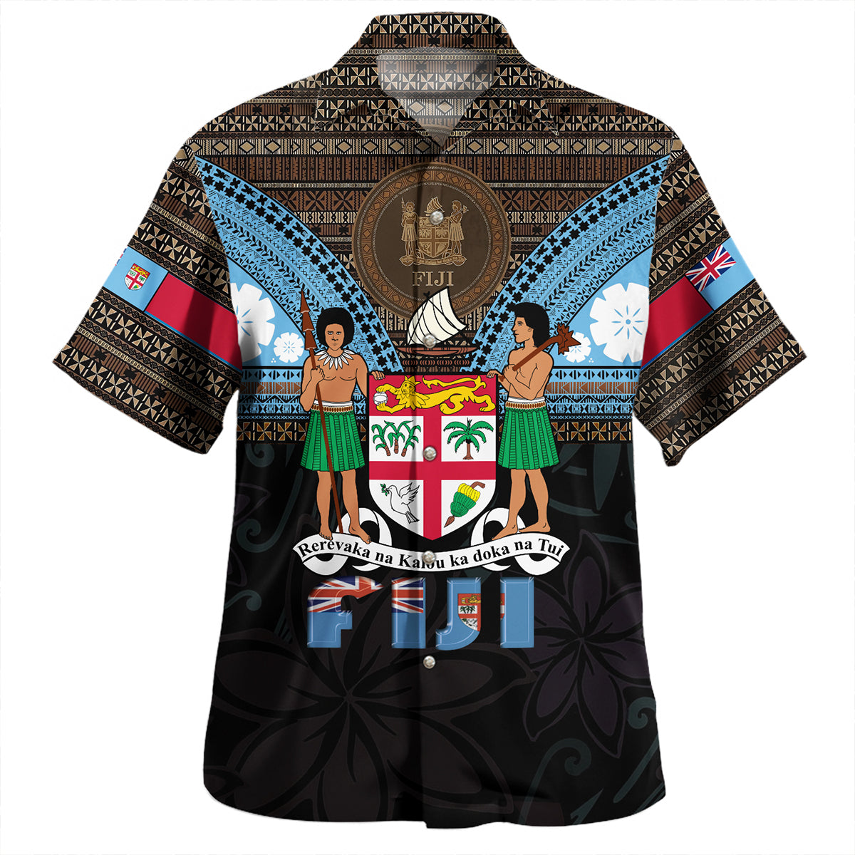 Fiji Hawaiian Shirt Fiji Brown Masi Design With Coat Of Arms Tribal Half Black