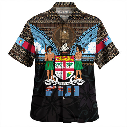 Fiji Hawaiian Shirt Fiji Brown Masi Design With Coat Of Arms Tribal Half Black