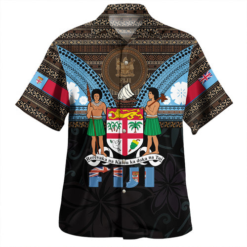 Fiji Hawaiian Shirt Fiji Brown Masi Design With Coat Of Arms Tribal Half Black