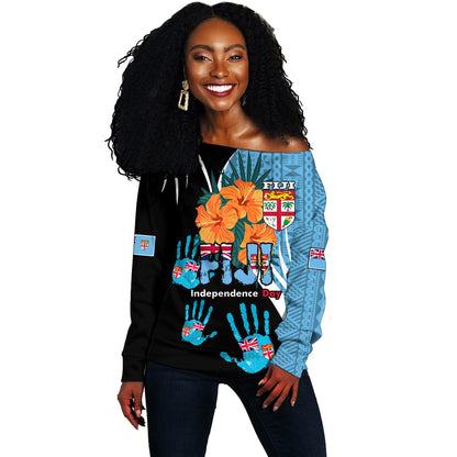 Fiji Off Shoulder Sweatshirt Fiji Day The Bula Spirit Fijian Hand Print Tapa Pattern Tropical Flowers