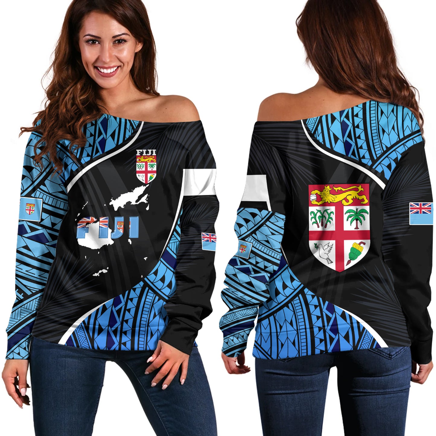 Fiji Off Shoulder Sweatshirt Fiji Map With Coat Of Arms Polynesian Tatau Half Black