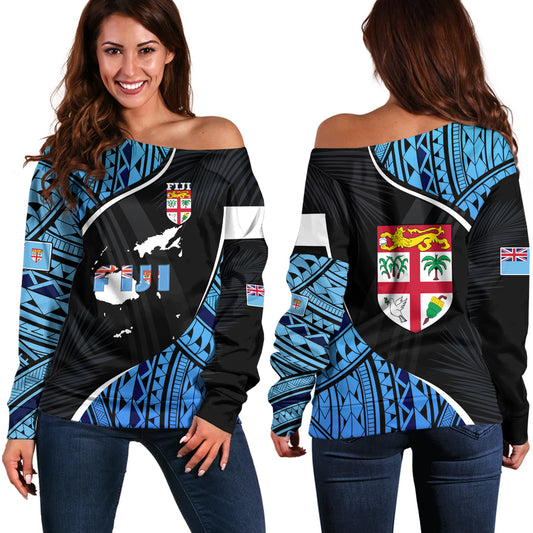Fiji Off Shoulder Sweatshirt Fiji Map With Coat Of Arms Polynesian Tatau Half Black