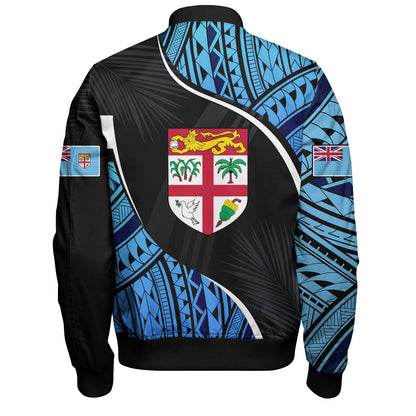 Fiji Bomber Jacket Fiji Map With Coat Of Arms Polynesian Tatau Half Black