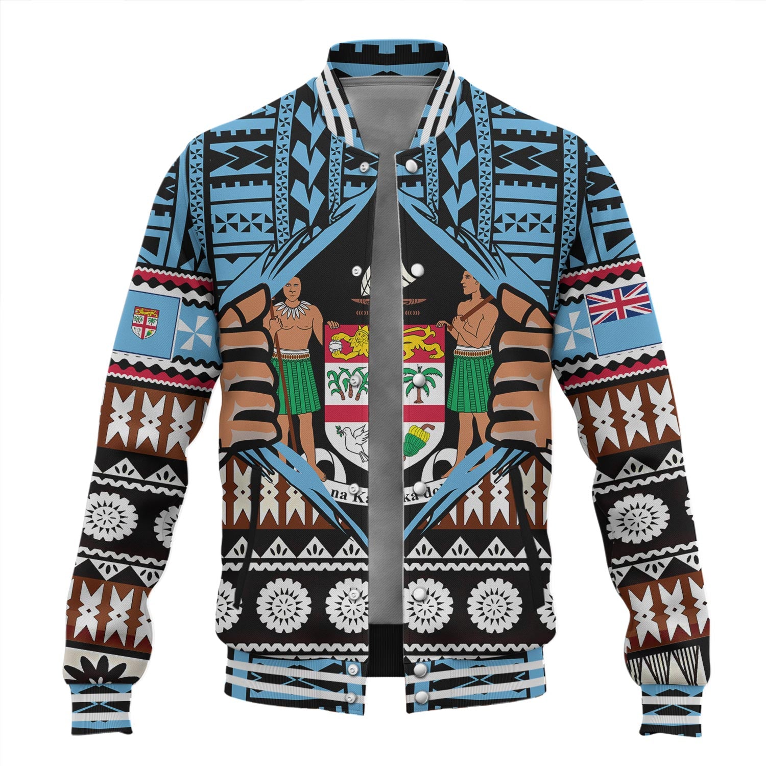 Fiji Baseball Jacket Born Fijian Masi Traditional Pattern Pacific Tribal Art