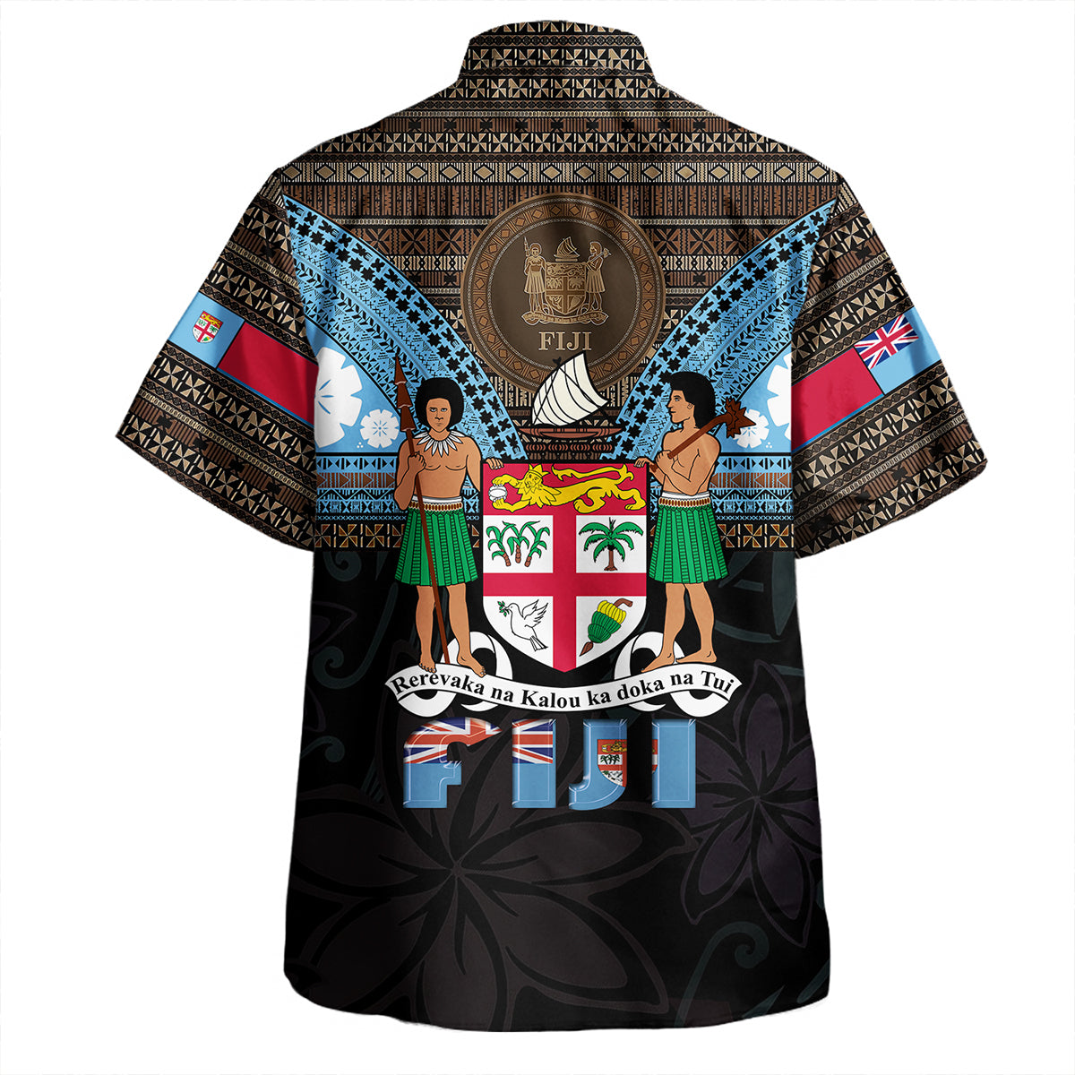 Fiji Hawaiian Shirt Fiji Map With Coat Of Arms Polynesian Tatau Half Black