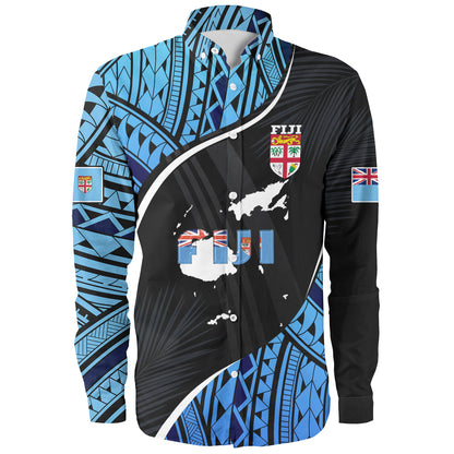 Fiji Long Sleeve Shirt Fiji Map With Coat Of Arms Polynesian Tatau Half Black