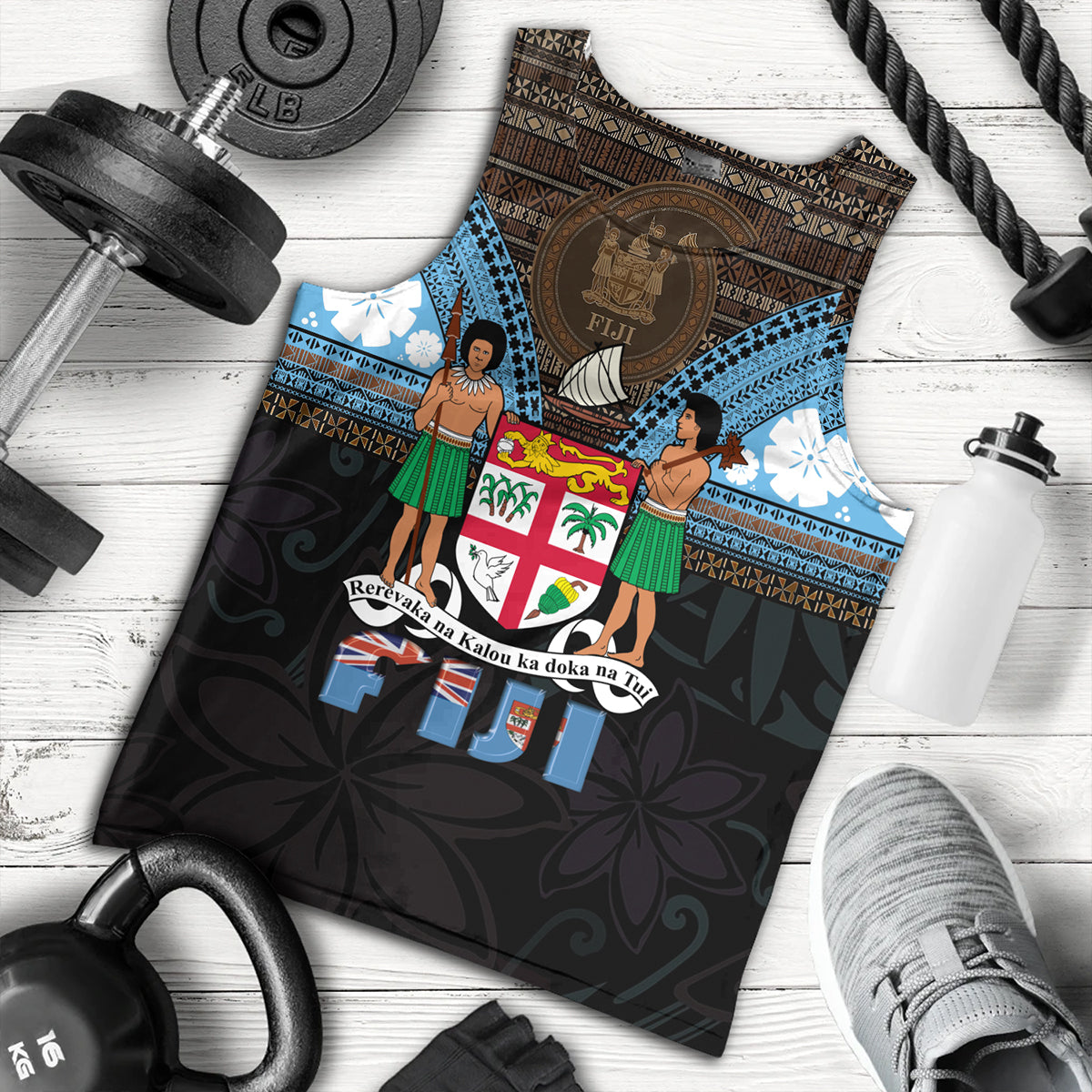 Fiji Tank Top Fiji Brown Masi Design With Coat Of Arms Tribal Half Black