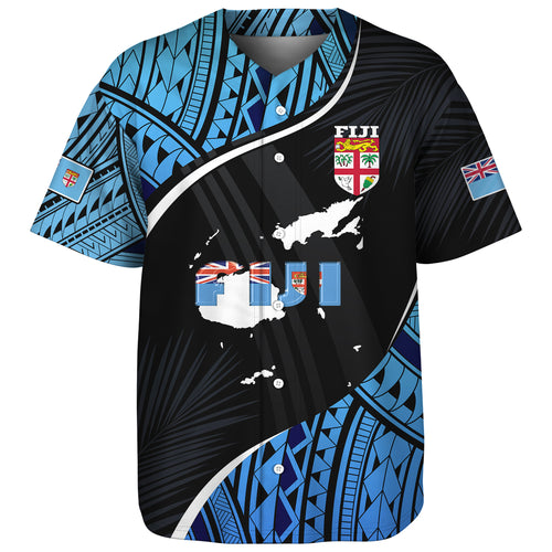 Fiji Baseball Shirt Fiji Map With Coat Of Arms Polynesian Tatau Half Black