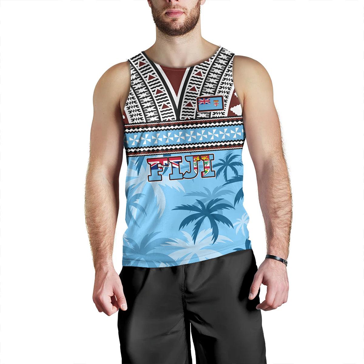 Fiji Tank Top Fijian Tribal Masi Design With Tropical Palm Leaves