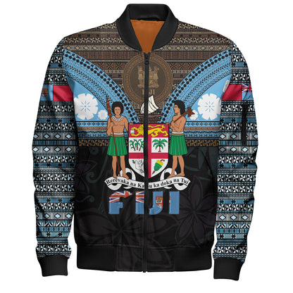 Fiji Bomber Jacket Fiji Brown Masi Design With Coat Of Arms Tribal Half Black